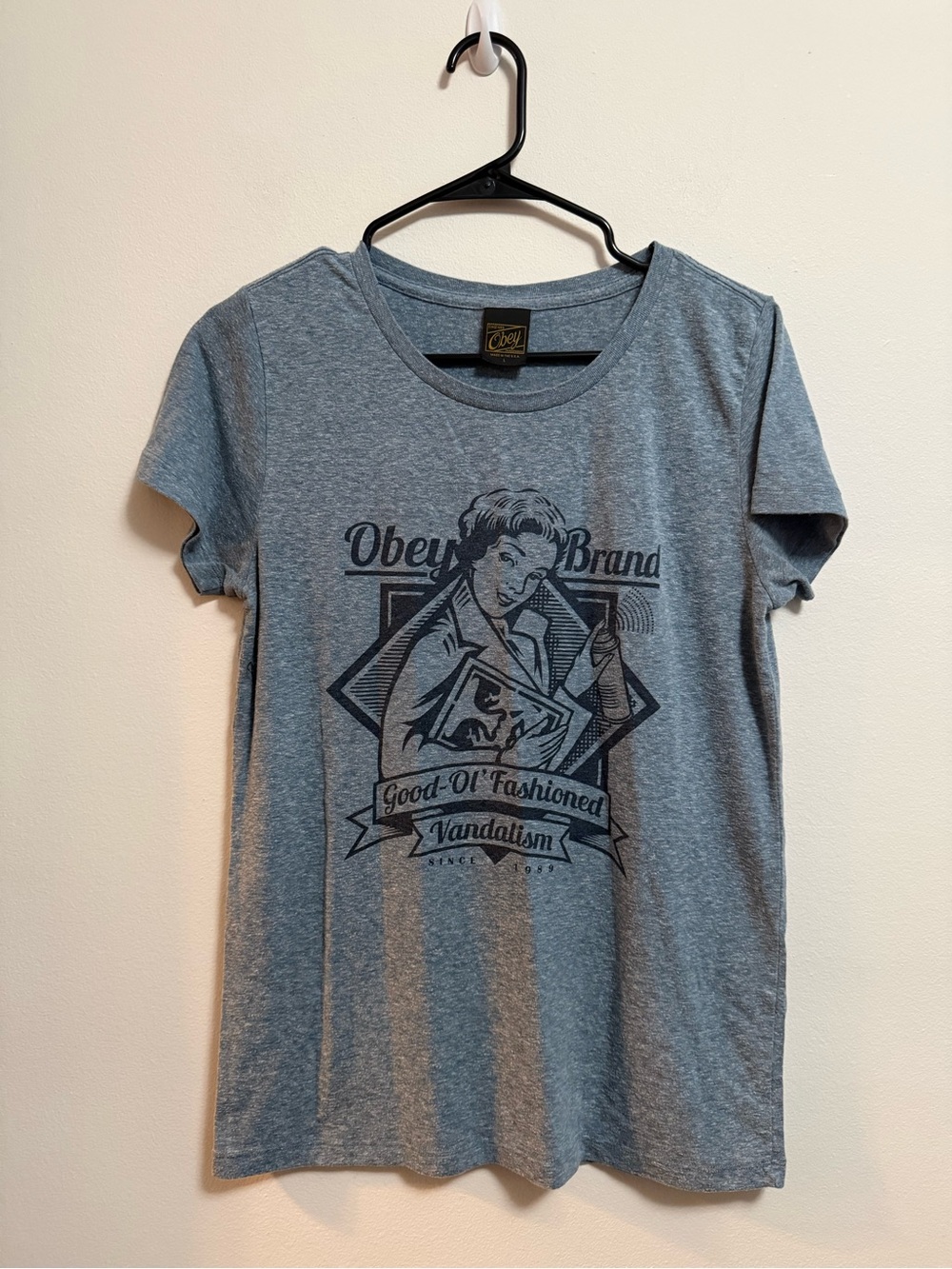 Obey Blue-Gray Short Sleeve Graphic Tee with Vintage Print